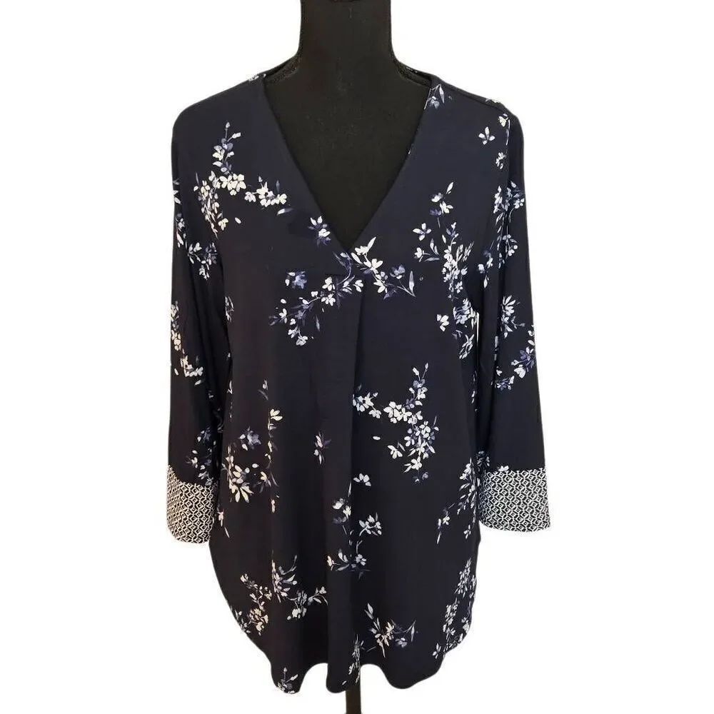 J. Jill Womens Wearever Collection Floral Print V-neck Tunic Blouse Navy Medium